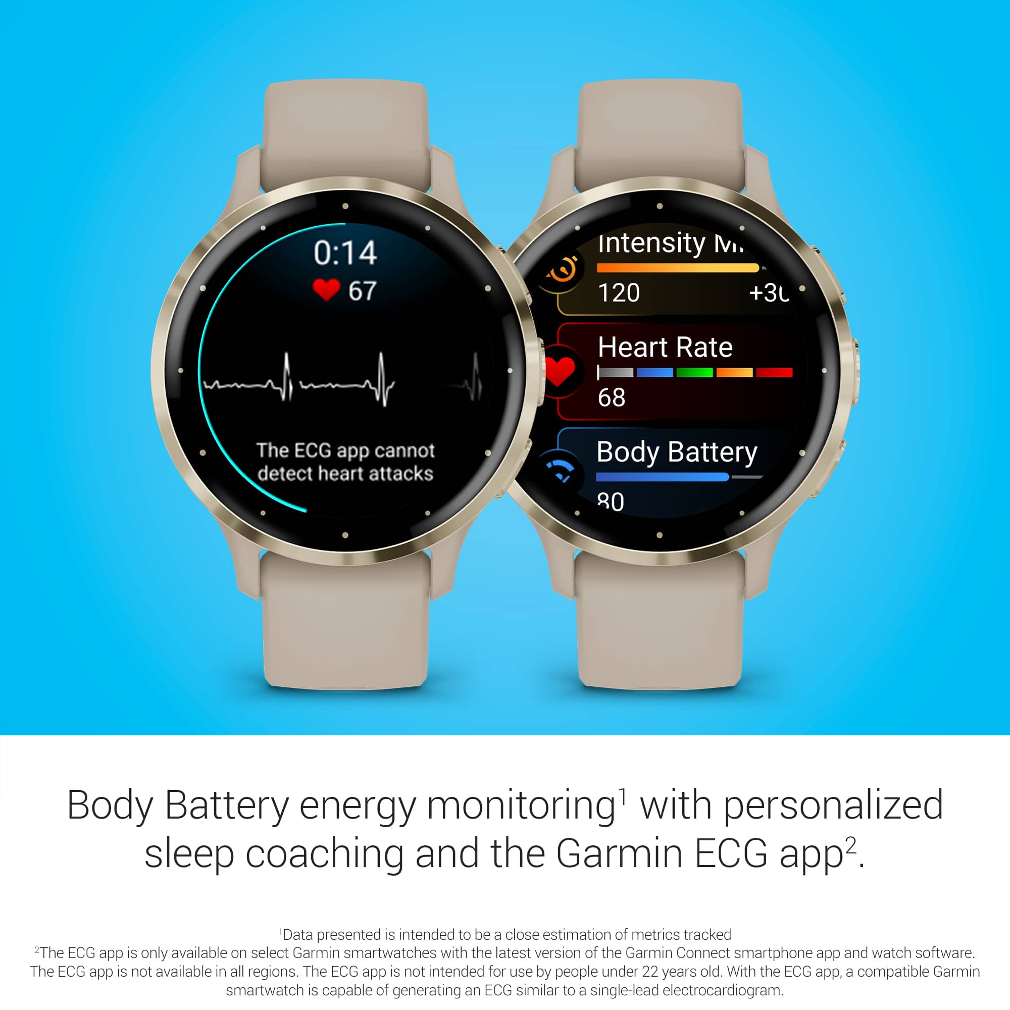 The image features two watches displaying various health-related information. The first watch shows the time as 0:14 and displays the heart rate as 67. The second watch displays the intensity as M 120 +3L and the heart rate as 68. Both watches are equipped with body battery energy monitoring, personalized sleep coaching, and the Garmin ECG app. The data presented is intended to be a close estimation of the metrics tracked. However, it is important to note that the ECG app is only available on select Garmin smartwatches with the latest version of the Garmin Connect smartphone app and watch software. The ECG app is not available in all regions and is not intended for use by people under 22 years old. With the ECG app, a compatible Garmin smartwatch is capable of generating an ECG similar to a single-lead electrocardiogram.