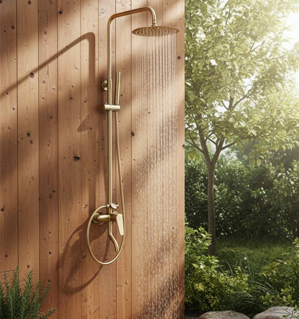 Alt View 2. Dazzed Corner - Wall Mount 3-Function Outdoor Shower Fixture with Thermometer and Brass Valve - Brushed Gold.