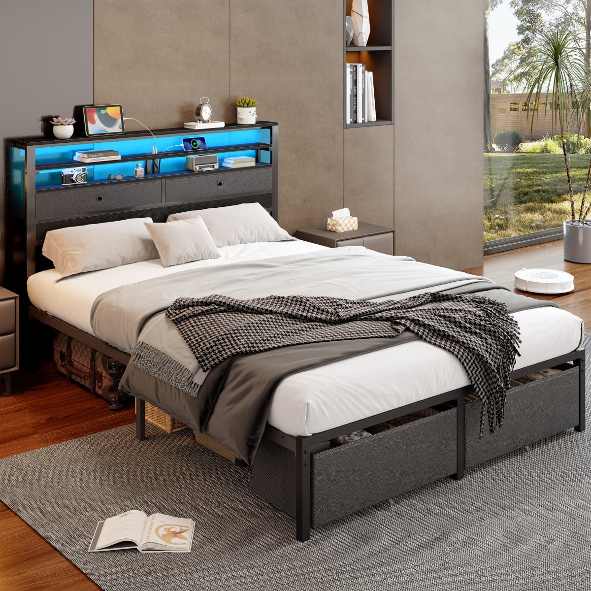 Furnulem - Bed Frame with 4 Fabric Drawers 3 Tier Headboard Shelf Charging Station USB LED Lights No Box Spring Needed - Black