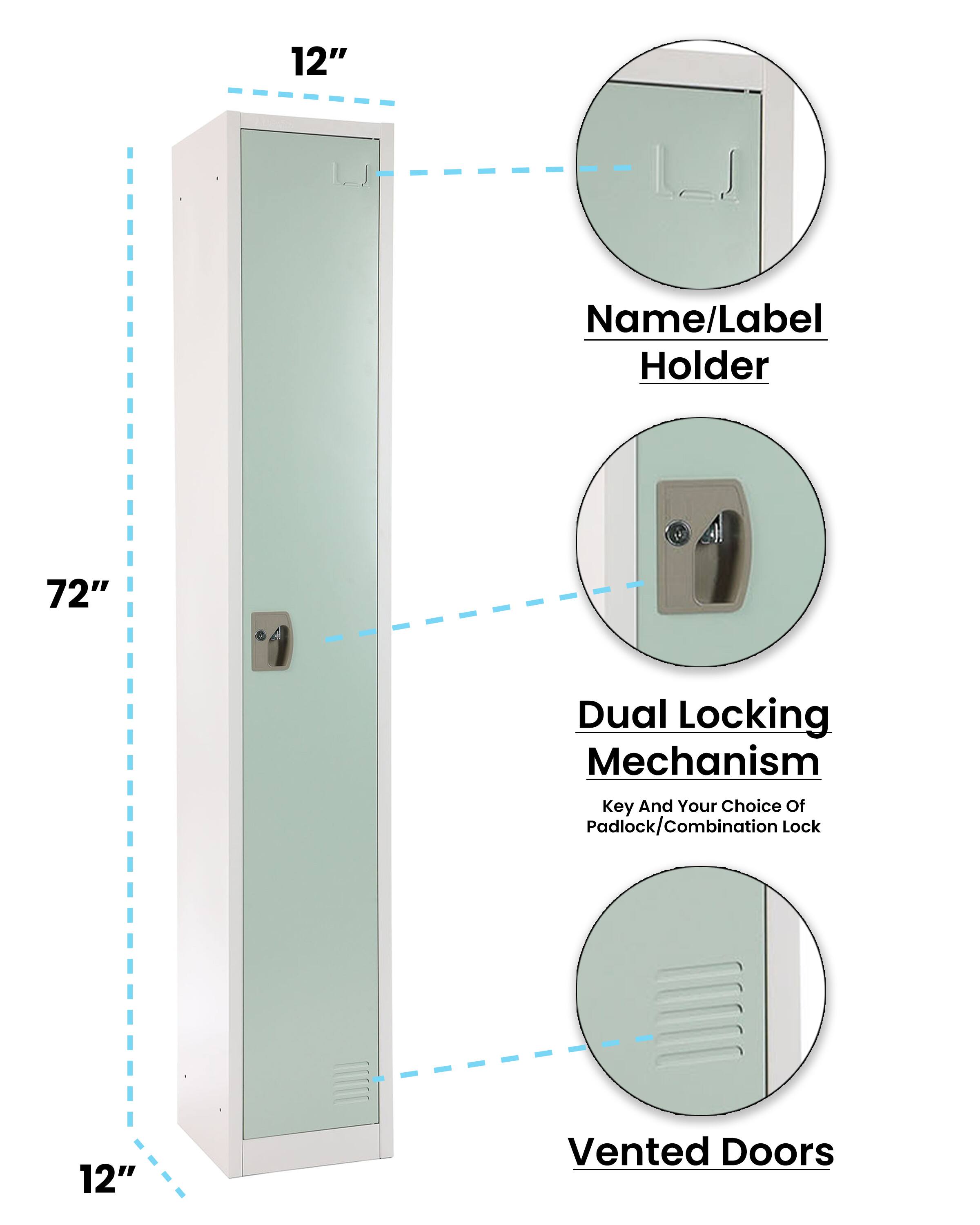 12" Name/Label Holder
72" Dual Locking Mechanism Key And Your Choice Of Padlock/Combination Lock
12" Vented Doors