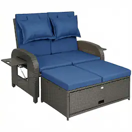 Outsunny - Rattan Daybed, Wicker Outdoor Daybed with Storage Ottoman, Loveseat w/ Adjustable Backrest, Side Tables - Navy Blue