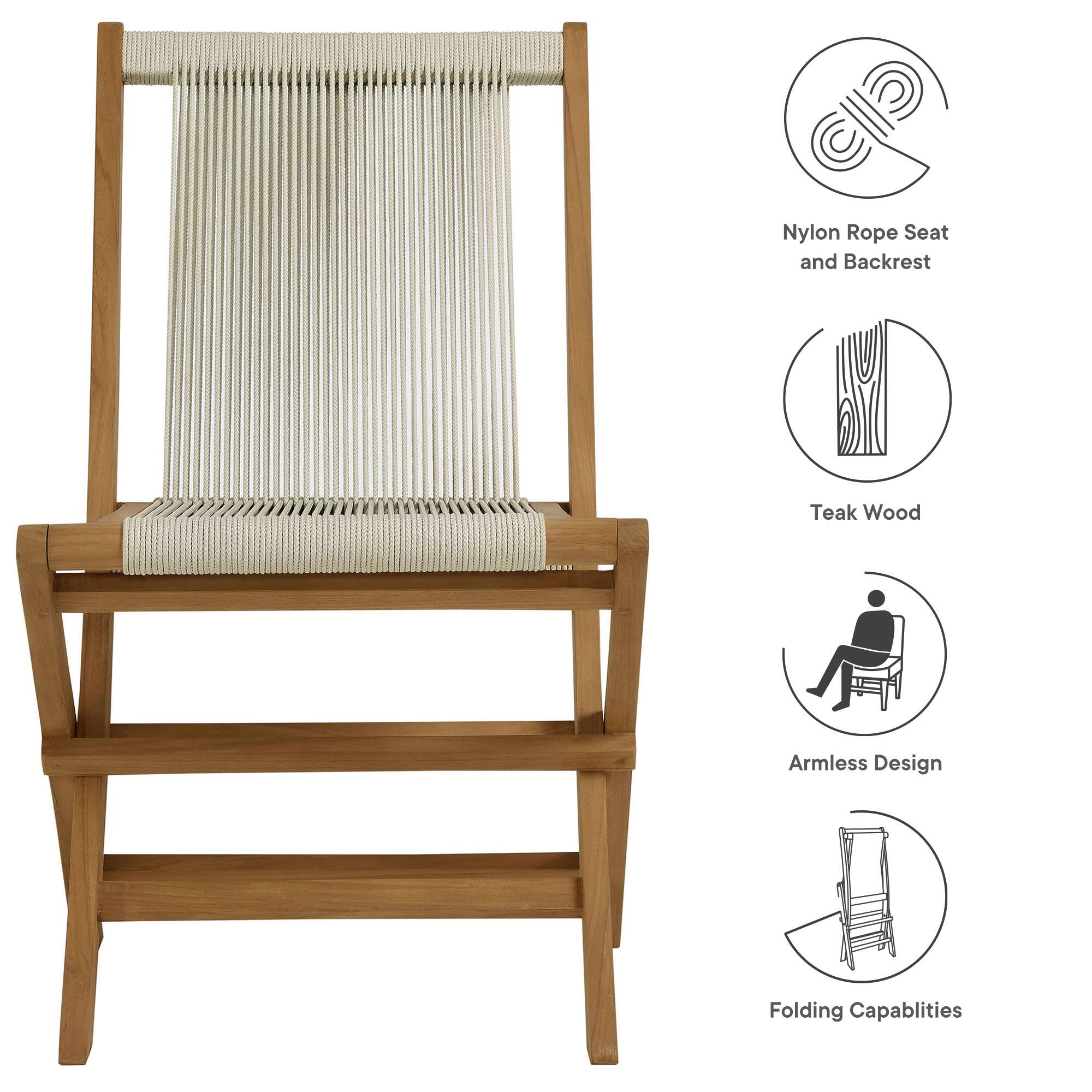 Nylon Rope Seat and Backrest  
Teak Wood  
Armless Design  
Folding Capabilities