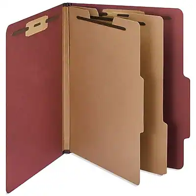 Front. Staples - 60% Recycled Heavy Duty Pressboard Classification Folder, 2-Dividers, 2" Expansion, Letter Size, 10/Box - Red.