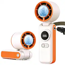 PRIMEPLUS - Portable Handheld AC Fan with Ice Cooling, 199-Speed Strong Wind, 6000mAh 3-in-1 Mini Cooler for Outdoor Travel - White-Orange