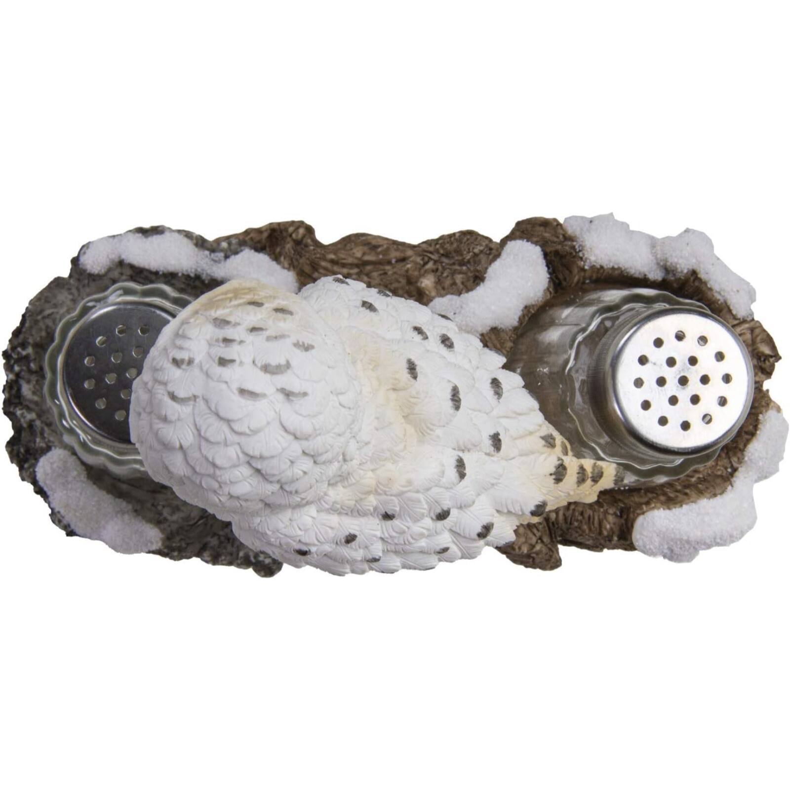 Left. Pacific Trading - Snow White Owlet Owl On Snowy Branch Glass Salt Pepper Shakers with Holder - White.