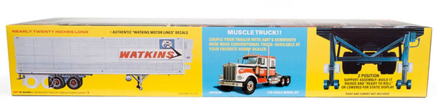 NEARLY TWENTY INCHES LONG AUTHENTIC "WATKINS MOTOR LINES" DECALS WATKINS MUSCLE TRUCK!! COUPLE YOUR TRAILER WITH AMT'S KENWORTH WIDE NOSE CONVENTIONAL TRUCK AVAILABLE AT YOUR FAVORITE HOBBY DEALER. 105 SCALE. 2 POSITION SUPPORT ASSEMBLY - BUILT TO RAISED AND "READY TO ROLL" OR LOWERED FOR STATIC DISPLAY.