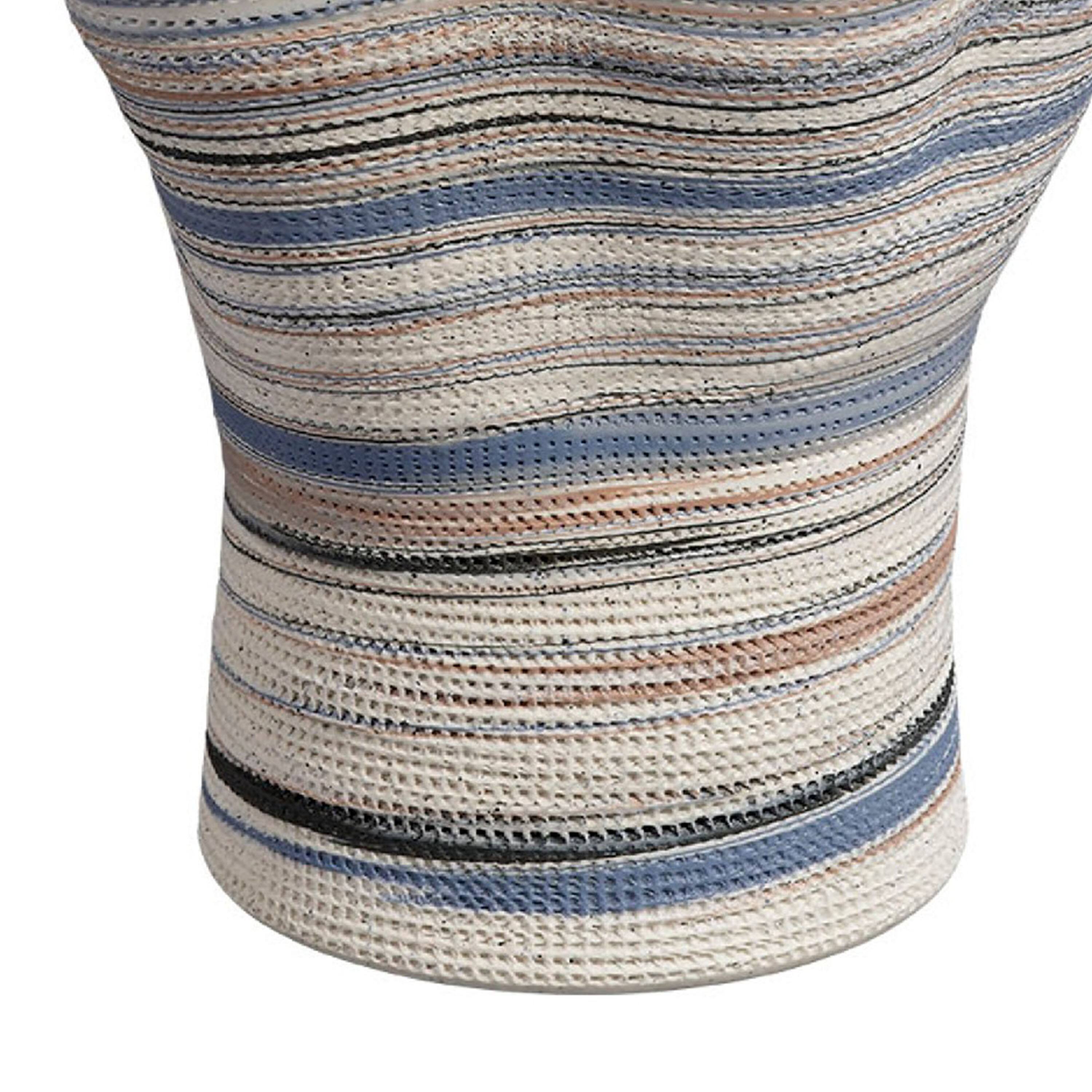 Back. Manhattan Lane - Kerya Decorative Vase, 16 Inch   Striped, Wavy Rim Porcelain - Blue, White.