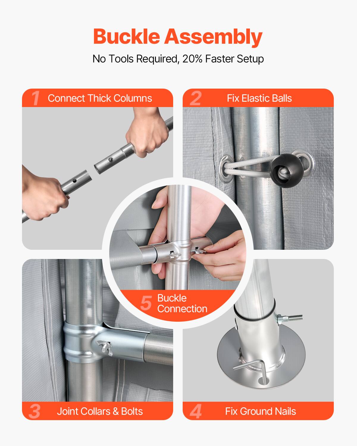 Buckle Assembly
No Tools Required, 20% Faster Setup
1. Connect Thick Columns
2. Fix Elastic Balls
3. Joint Collars & Bolts
4. Fix Ground Nails
5. Buckle Connection