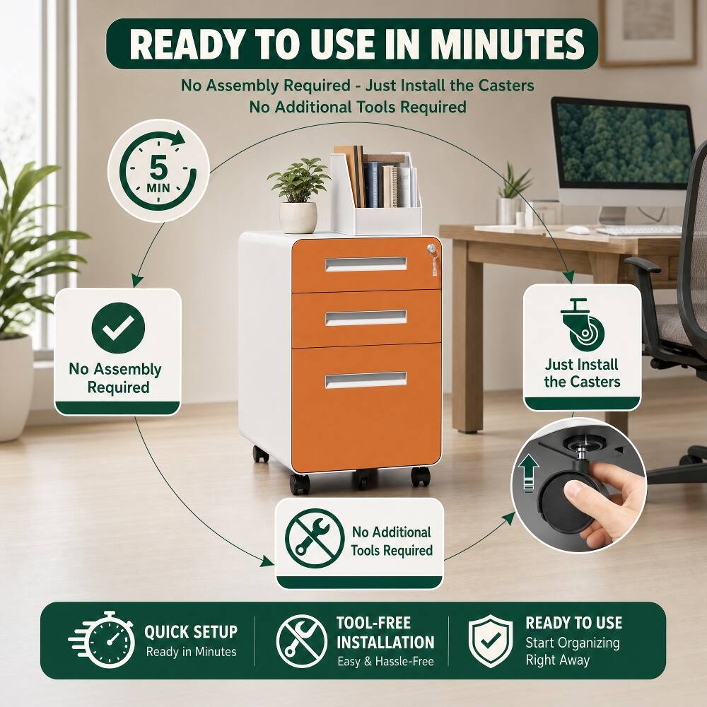 READY TO USE IN MINUTES  
No Assembly Required - Just Install the Casters  
No Additional Tools Required  

5 MIN  

No Assembly Required  
Just Install the Casters  
No Additional Tools Required  

QUICK SETUP  
Ready in Minutes  

TOOL-FREE INSTALLATION  
Easy & Hassle-Free  

READY TO USE  
Start Organizing Right Away