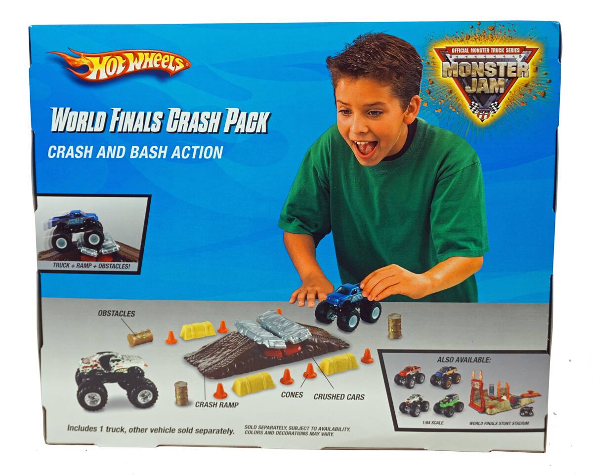 Hot Wheels  
World Finals Crash Pack  
Crash and Bash Action  

Truck + Ramp + Obstacles!  

Obstacles  
Crash Ramp  
Cones  
Crushed Cars  

Includes 1 truck, other vehicle sold separately.  
Sold separately. Subject to availability. Colors and decorations may vary.  

Also Available:  
Crash Ramp  
Cones  
Crushed Cars  

1:64 Scale  
World Finals Stunt Stadium  

Official Monster Truck Series  
Monster Jam