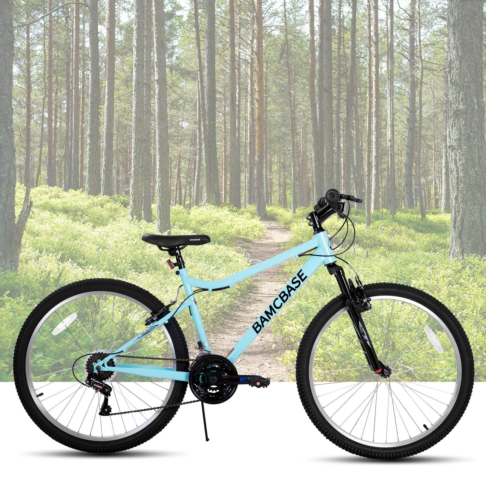 Angle. HILAND - BAMCBASE Lilac 26 inches Mountain Bike for Women, 18-Speed High-Tensile Steel Frame, Suspension Fork, Green - green.