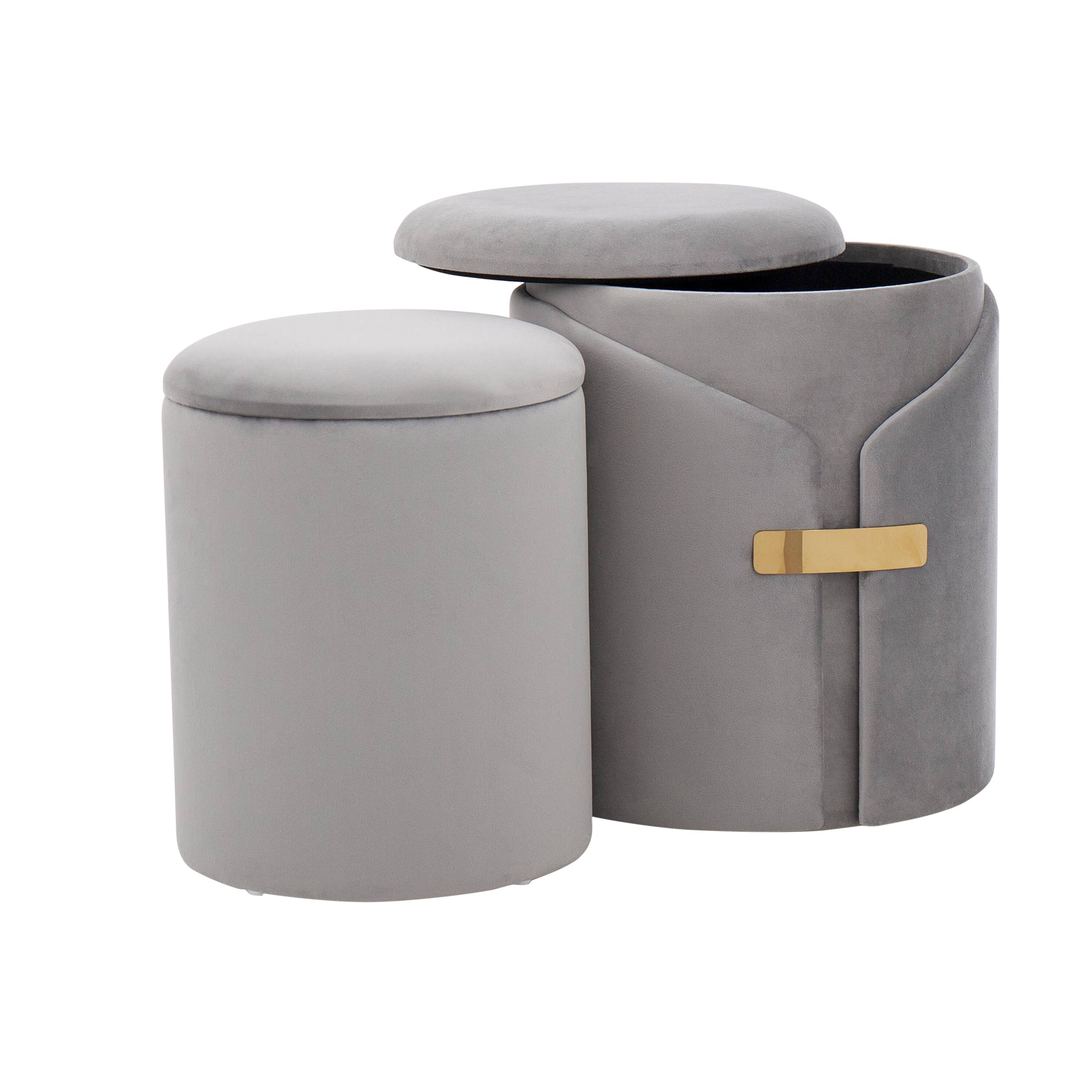 Left. Tiramisubest - Dahlia Contemporary/Glam Nesting Ottoman Set in Silver Velvet with Gold Metal Accent Pieces by LumiSource - Gray.