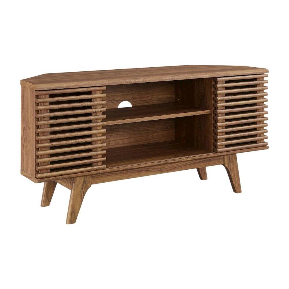 Front. FurniFact - Brown wooden 46-inch corner TV stand with open shelving and versatile design - Brown.