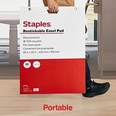Staples.  
Restickable Easel Pad  
- Bleed resistant  
- 30% recycled  
- Fits most easels  
- Convenient carrying handle  
- 25 in x 30 in (635 mm x 762 mm)  
- 30 sheets  
- Portable