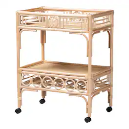 bali & pari - Molina Natural Rattan Wine Cart - 2-Tier Beverage Trolley with Wheel and Bottle Holders, Tropical Coastal Furniture - Natural Brown/Black
