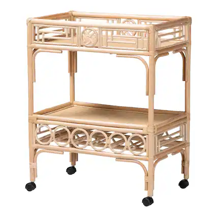 Front. bali & pari - Molina Natural Rattan Wine Cart - 2-Tier Beverage Trolley with Wheel and Bottle Holders, Tropical Coastal Furniture - Natural Brown/Black.