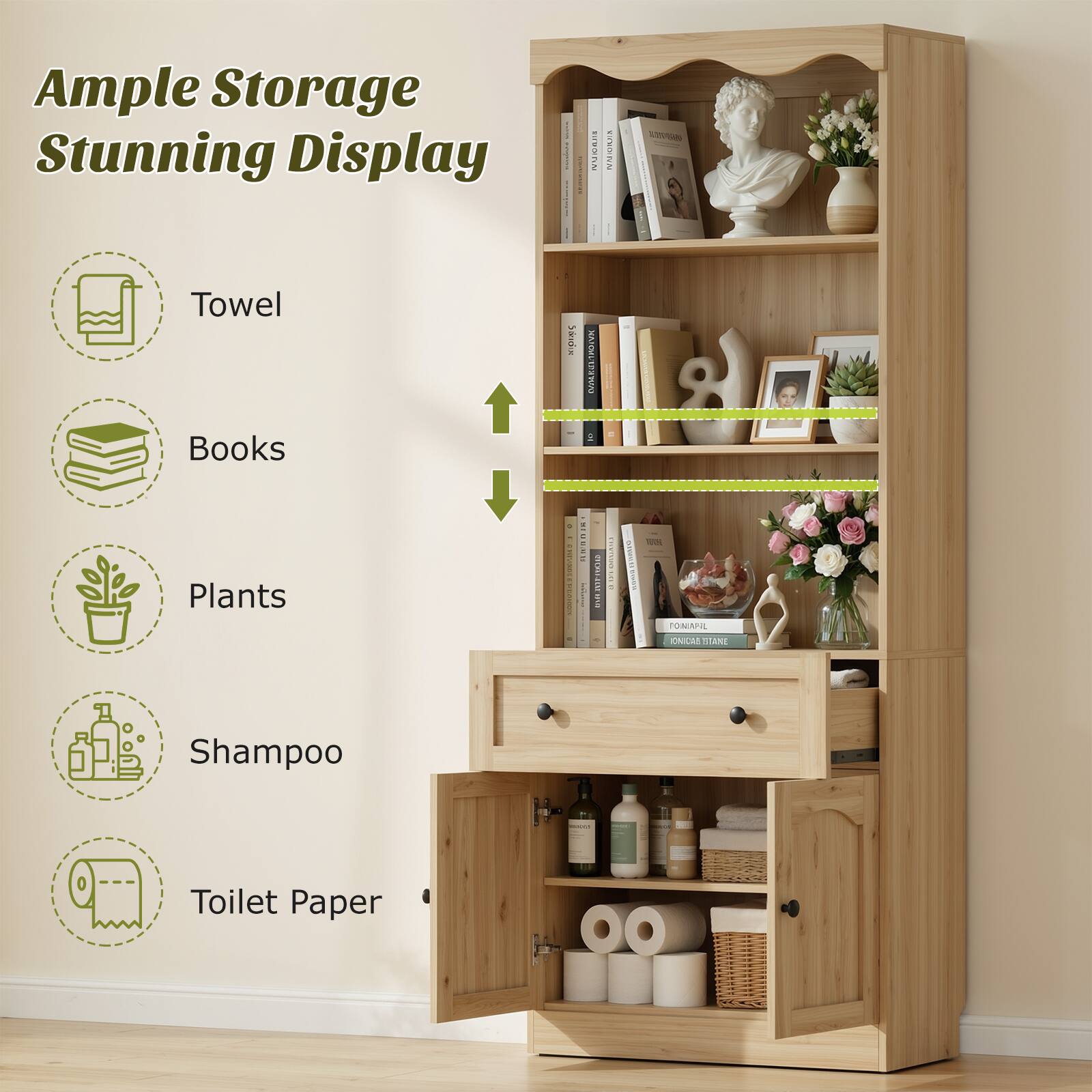 Ample Storage Stunning Display

- Towel
- Books
- Plants
- Shampoo
- Toilet Paper
