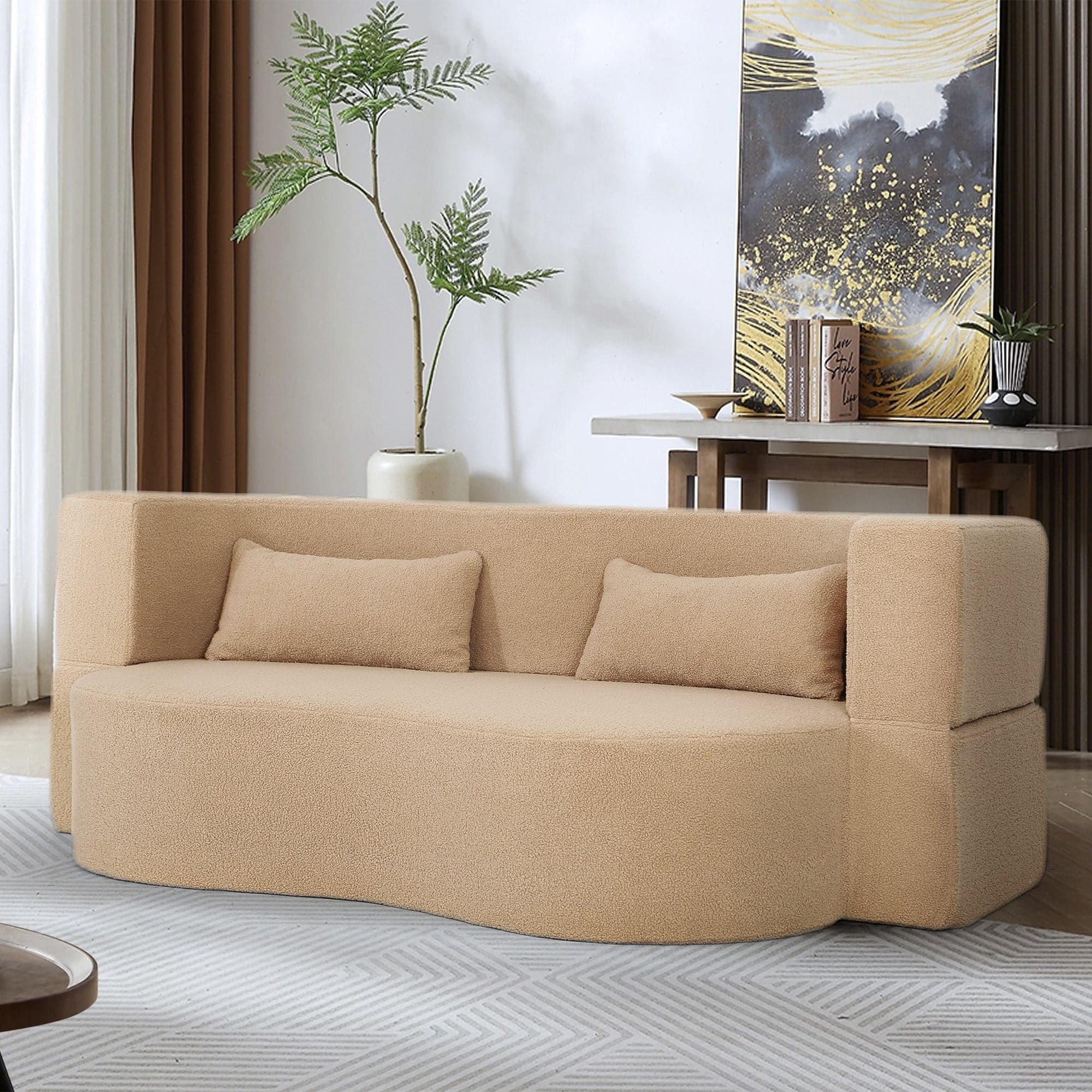 Front. Boyel Living - Compressed Apricot Teddy Fur Curved Sofa 2-in-1 Sofa Bed 2-Seat - Apricot.
