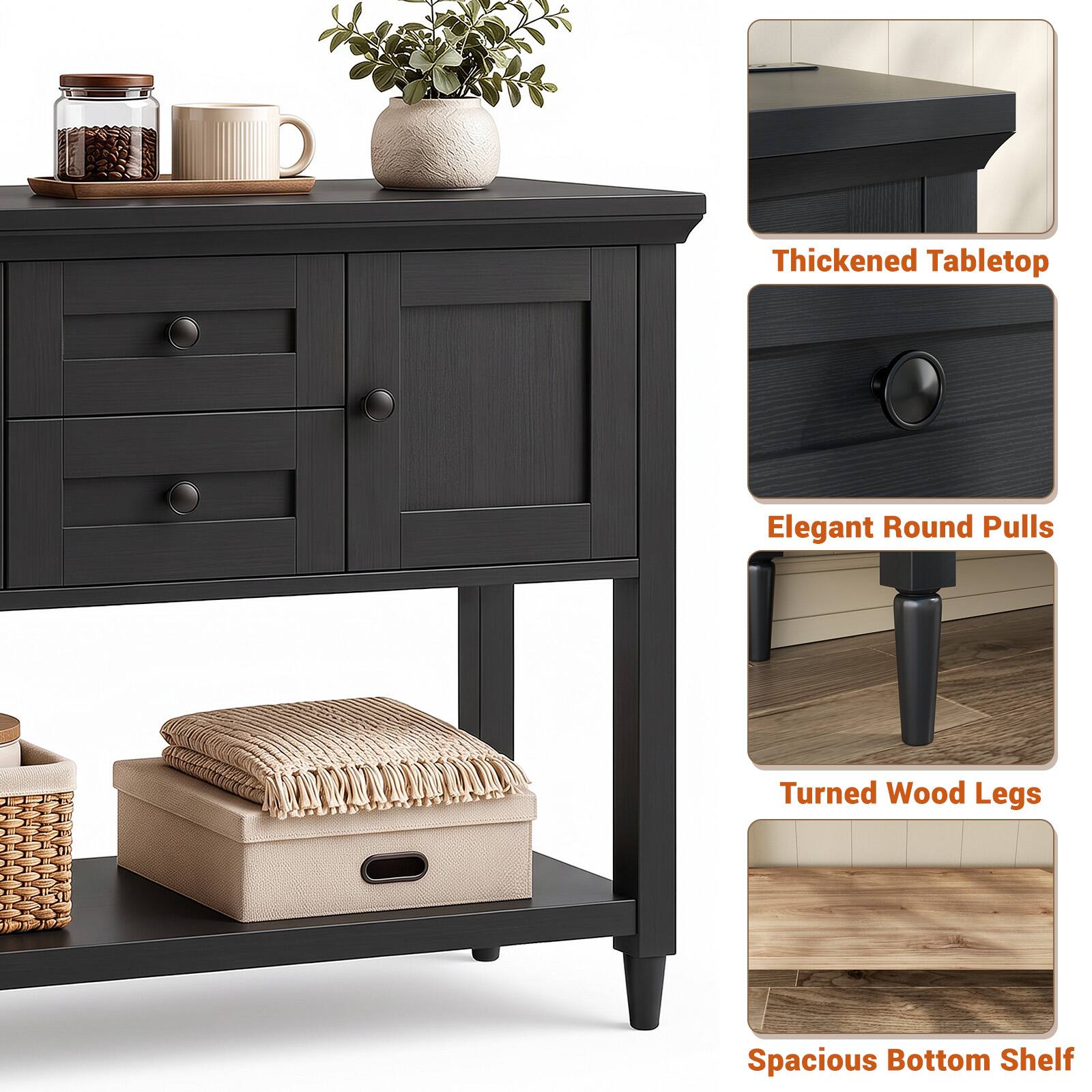 Thickened Tabletop  
Elegant Round Pulls  
Turned Wood Legs  
Spacious Bottom Shelf