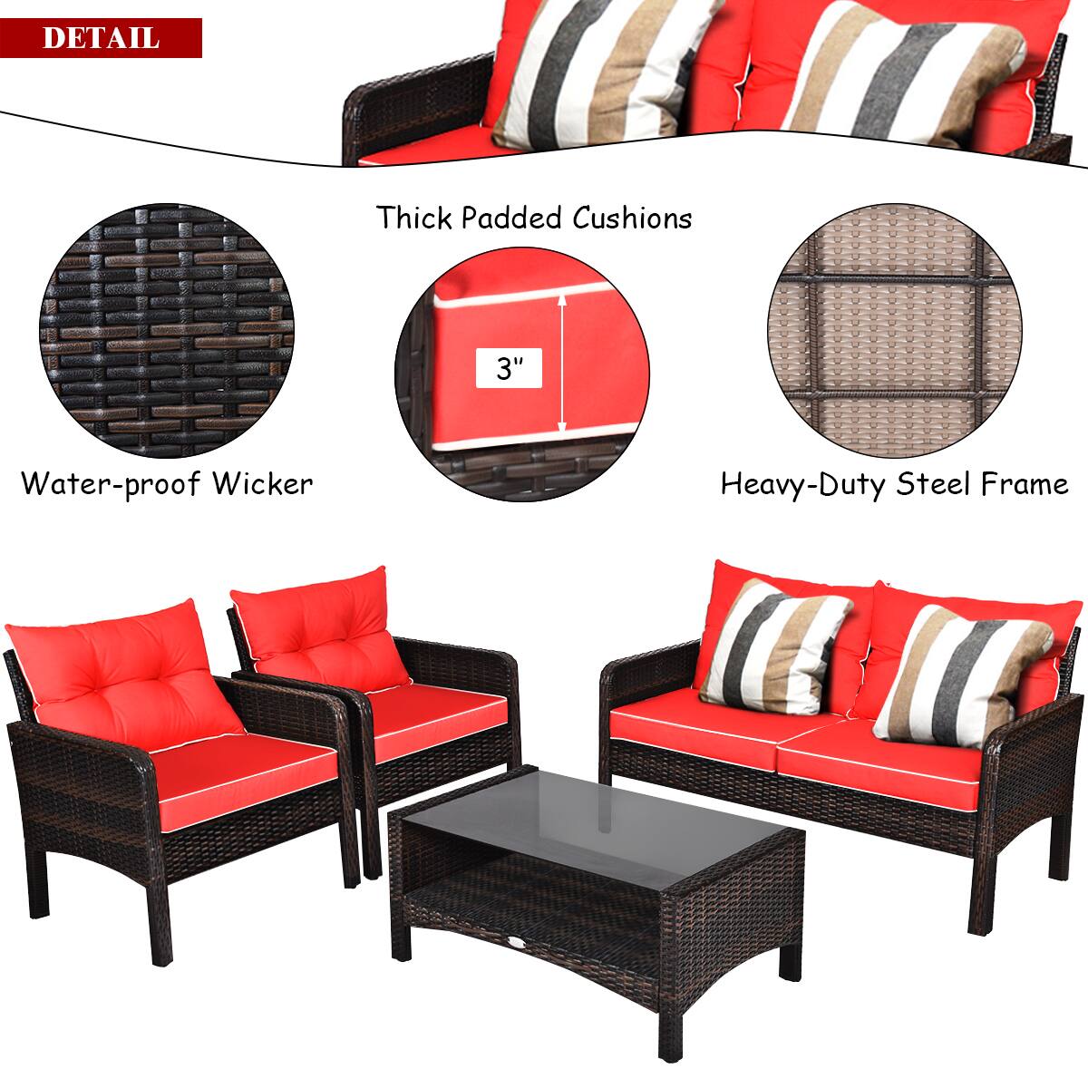 DETAIL  
- Thick Padded Cushions  
- Water-proof Wicker  
- Heavy-Duty Steel Frame  
- 3"