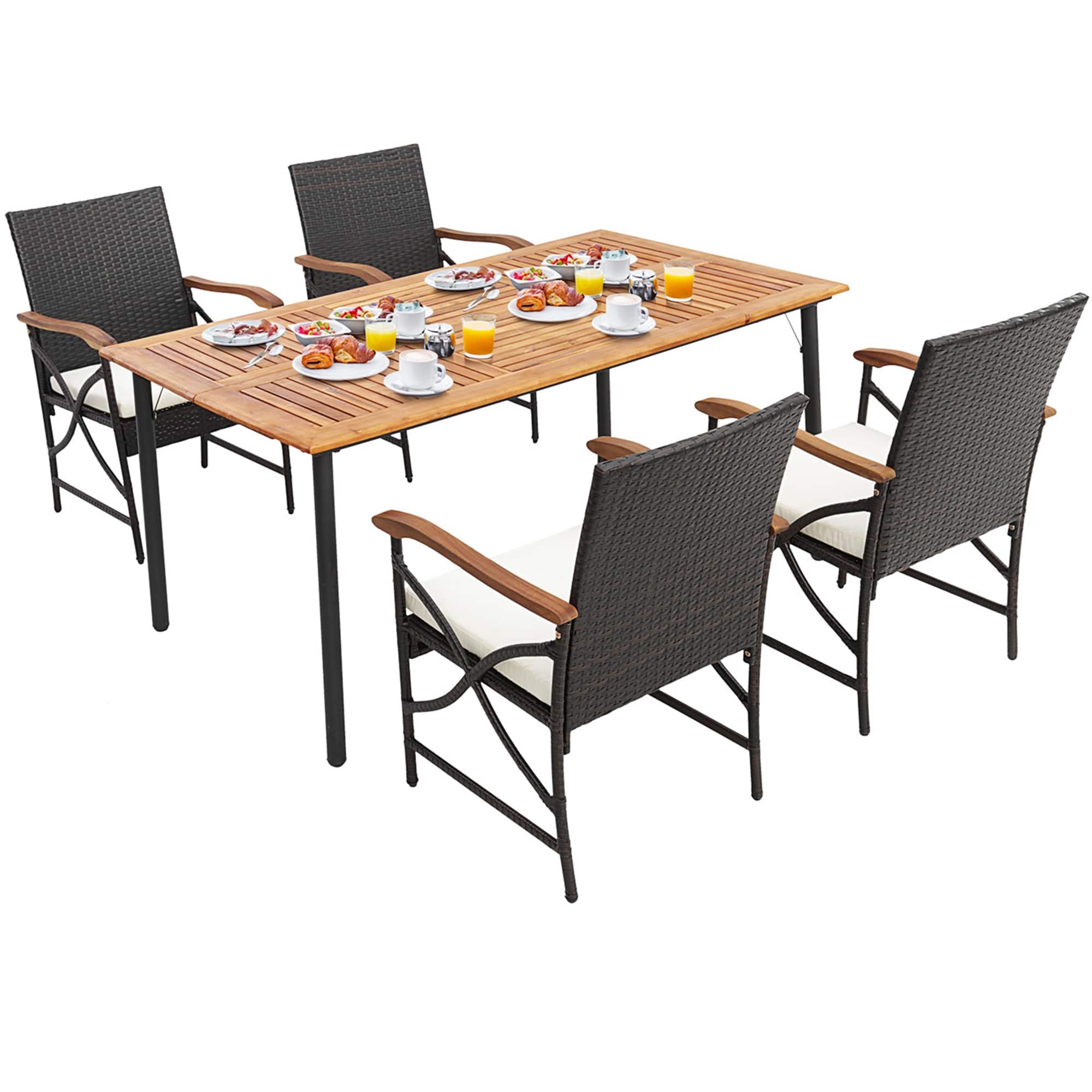 Costway - 7PCS Patio Wicker Dining Set Cushion Acacia Wood Armrests Table with Umbrella Hole - Natural/Black/Mix Brown