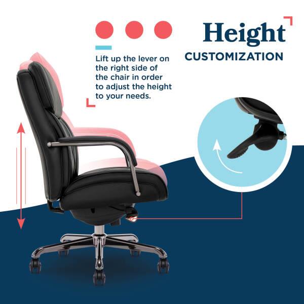 Height: Lift up the lever on the right side of the chair in order to adjust the height to your needs.