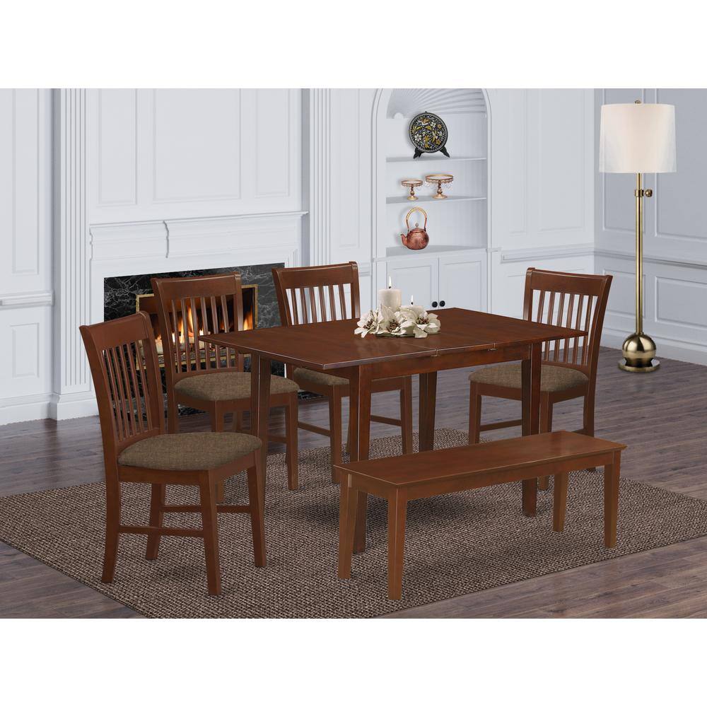 Left. East West Furniture - PSNO6C-MAH-C 6 Pc Dining room set with bench -Table with 4 Dining Table Chairs and Bench - Mahogany.