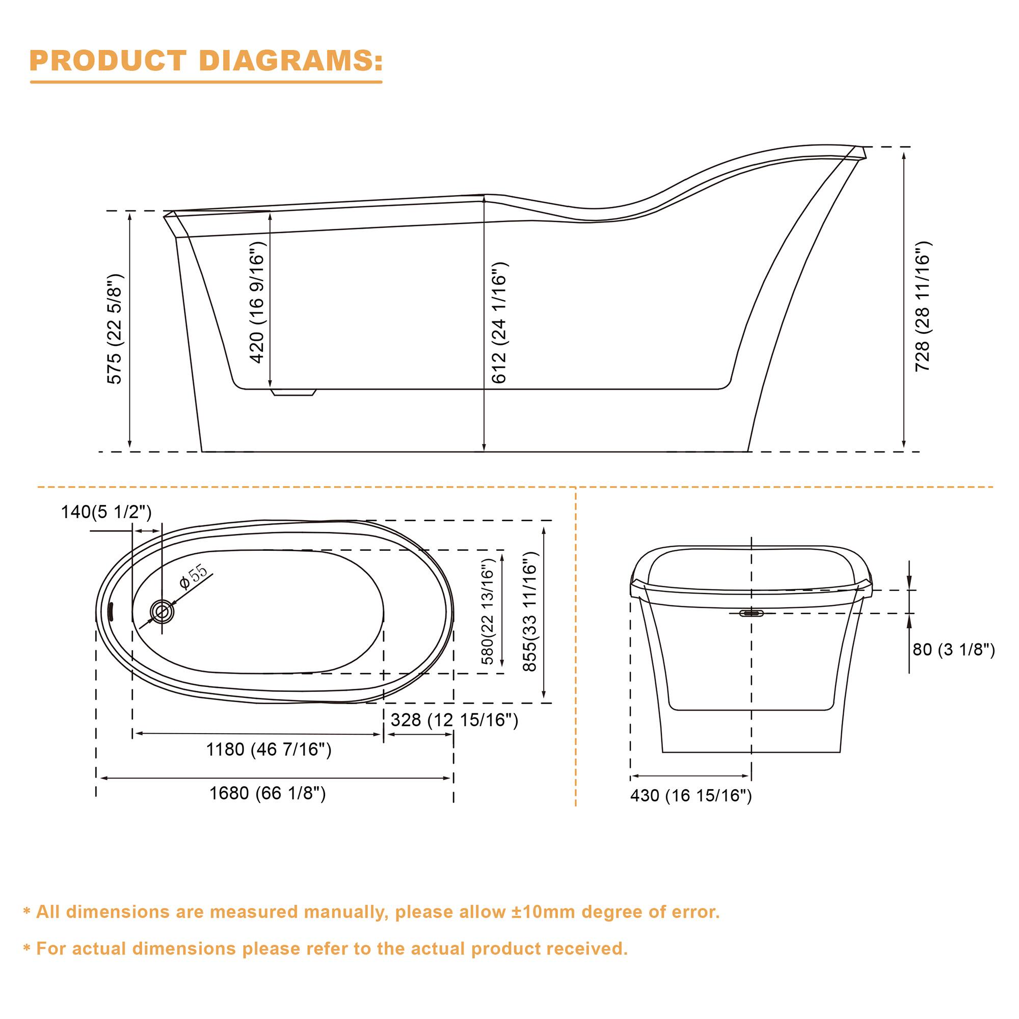 PRODUCT DIAGRAMS:  
575 (22 5/8")  
420 (16 9/16")  
612 (24 11/16")  
728 (28 11/16")  
140 (5 1/2")  
550 (22 11/16")  
855 (33 80 (3 1/8")  
1180 (46 7/16")  
328 (12 15/16")  
1680 (66 1/8")  
430 (16 15/16")  

All dimensions are measured manually, please allow 10mm degree of error.  
For actual dimensions please refer to the actual product received.