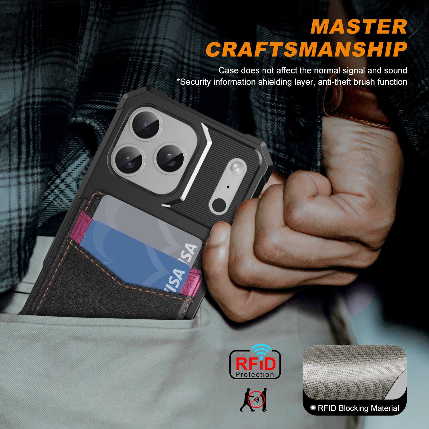MASTER CRAFTSMANSHIP  
Case does not affect the normal signal and sound  
*Security information shielding layer, anti-theft brush function  
ISA RFID Protection  
RFID Blocking Material