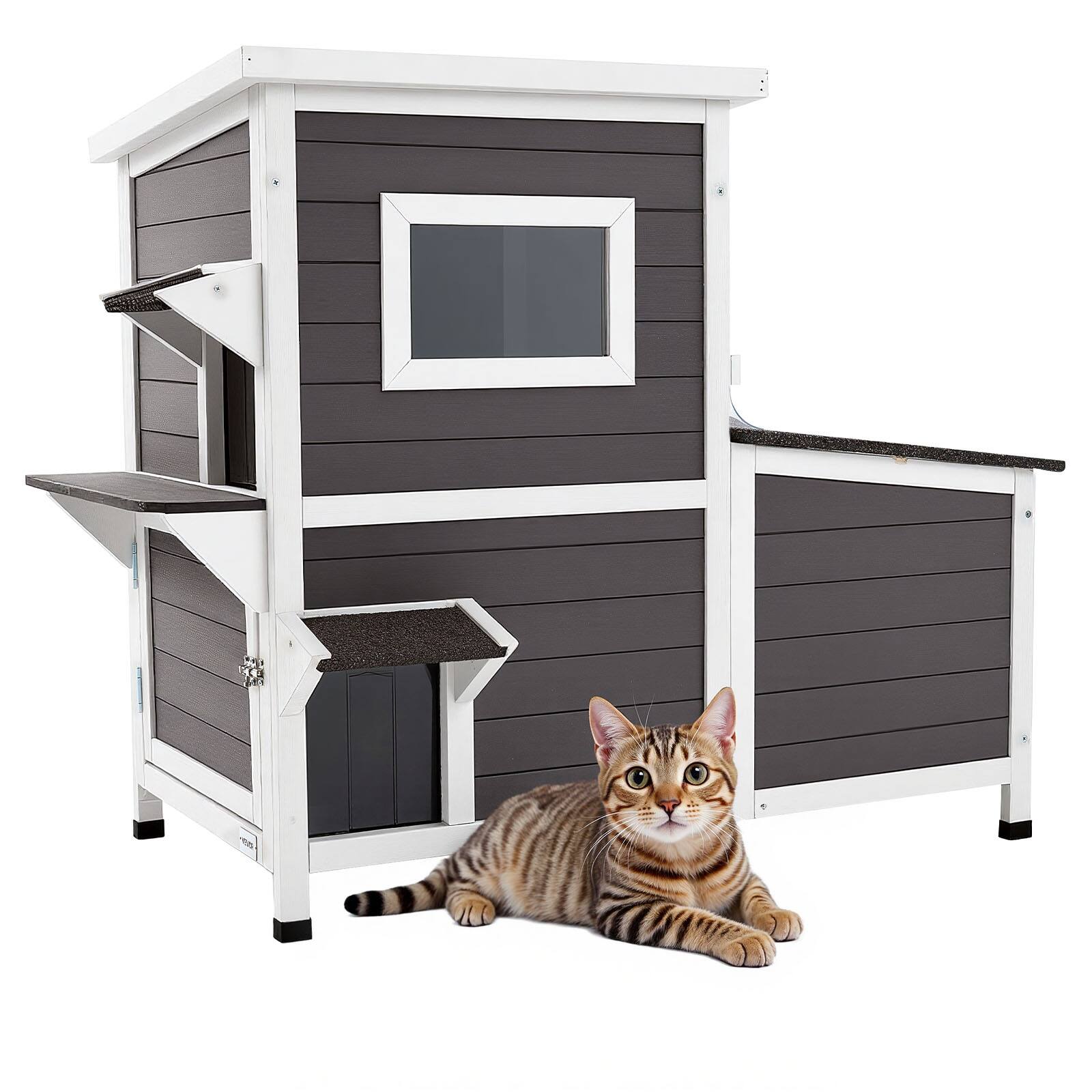 Front. VEVOR - Outdoor Cat House, 2-Story Wooden Cat Shelter for 3 Outside Cats in Winter, Elevated Feral Kitty Shelter with Stairs.