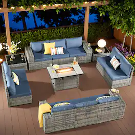 Ovios - 12 PCS Outdoor Patio Furniture Wicker Sectional Sofa with Coffee Table & 42" Fire Pit Table - Denim Blue