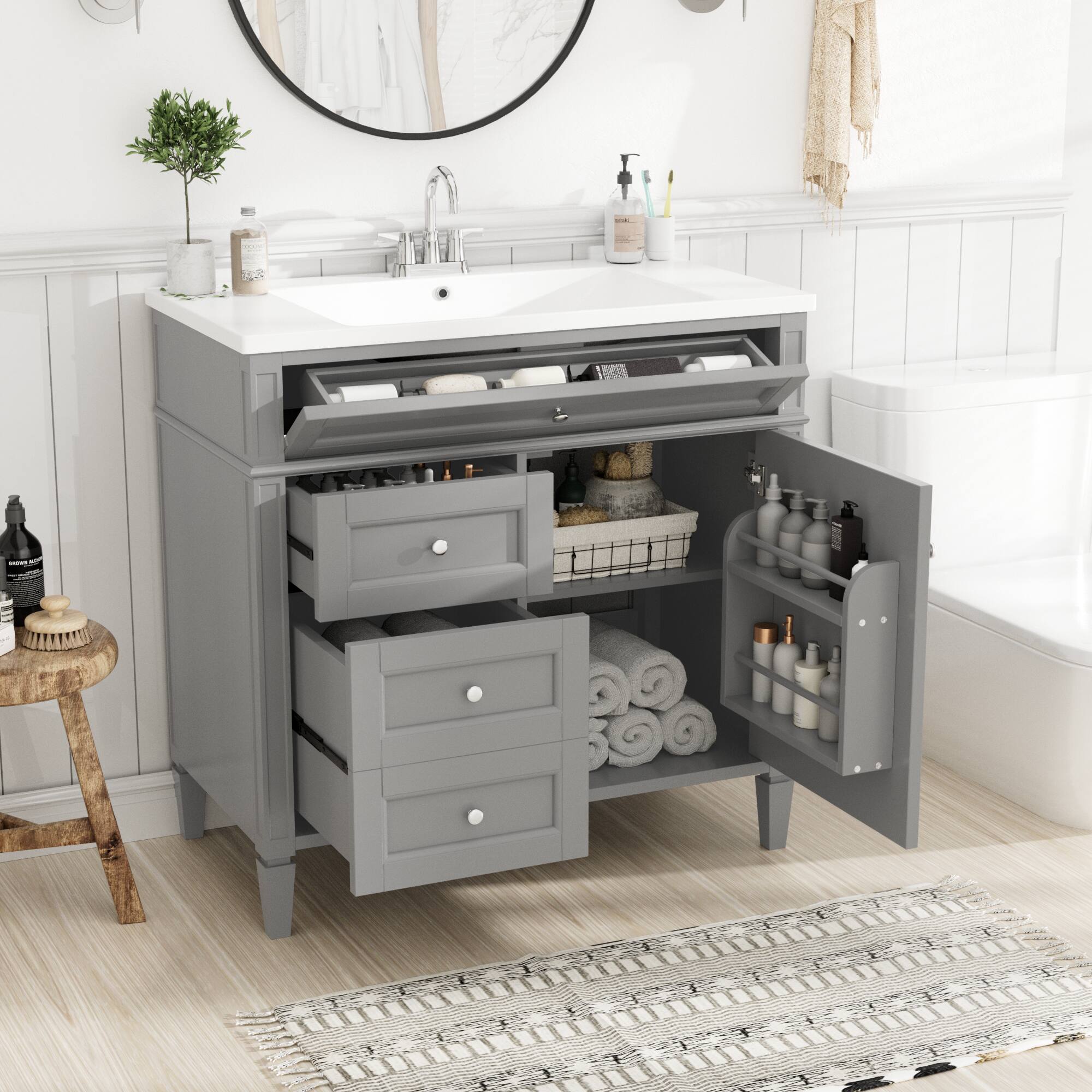 Alt View 5. Boyel Living - 36 Inch Modern Bathroom Vanity with Top Sink Two Drawers Tip Out Grey - Gray.
