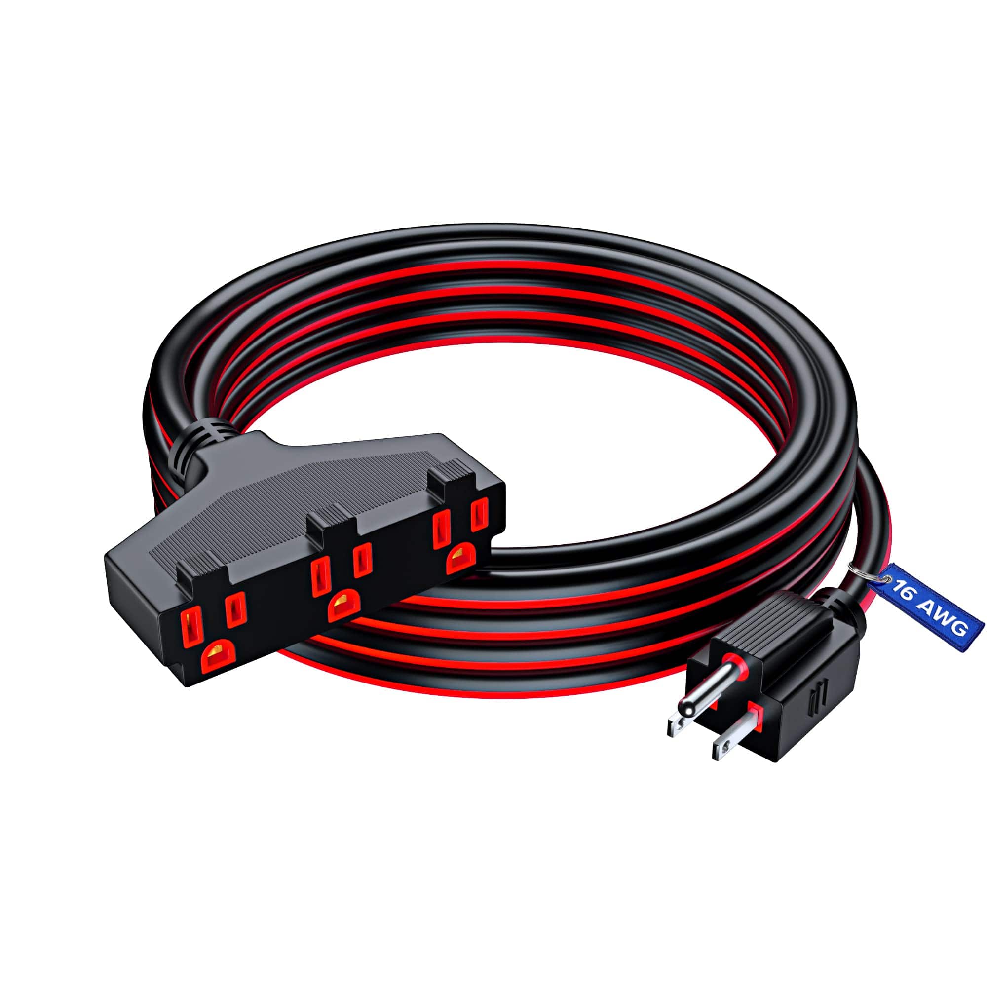Maximm - Extension Cord 15 ft, SJTW Extension Cord with Multiple Outlets, 16 Gauge ETL Listed - Black and Red