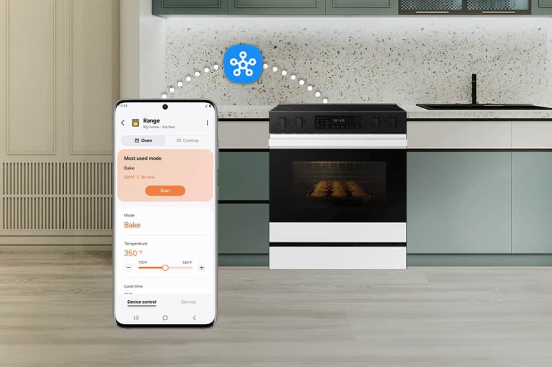The text on the image is grouped and corrected as follows:
1. "12:45 Range My home Kitchen Oven Cooktop Most used mode Bake 220C I 30 mins Start Mode Bake Temperature 350 "F 175F - 550F + Cook time Device control Service"
This text describes the oven's most frequently used mode, which is baking at a temperature of 220 degrees Celsius for 30 minutes. The text also mentions the temperature in Fahrenheit (175 degrees) and the range of temperatures that can be used (550 degrees). Additionally, it refers to the device control service that may be available for the oven.