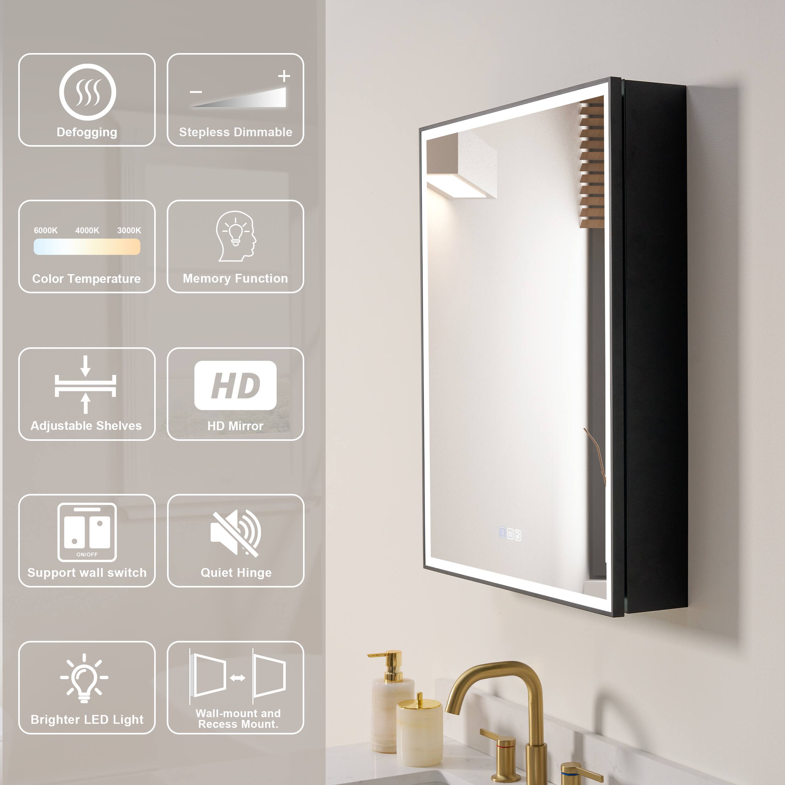 Defogging Stepless Dimmable GOODK 4000K 3000K Color Temperature Memory Function HD Adjustable Shelves HD Mirror B3 ONOFT Support wall switch Quiet Hinge Brighter LED Light Wall-mount and Recess Mount