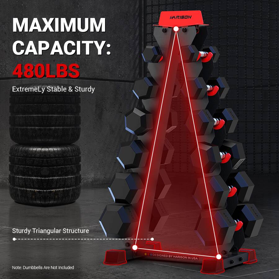 MAXIMUM CAPACITY: 480LBS

Extremely Stable & Sturdy

Sturdy Triangular Structure

DESIGNED BY HARISON IN USA

Note: Dumbbells Are Not Included
