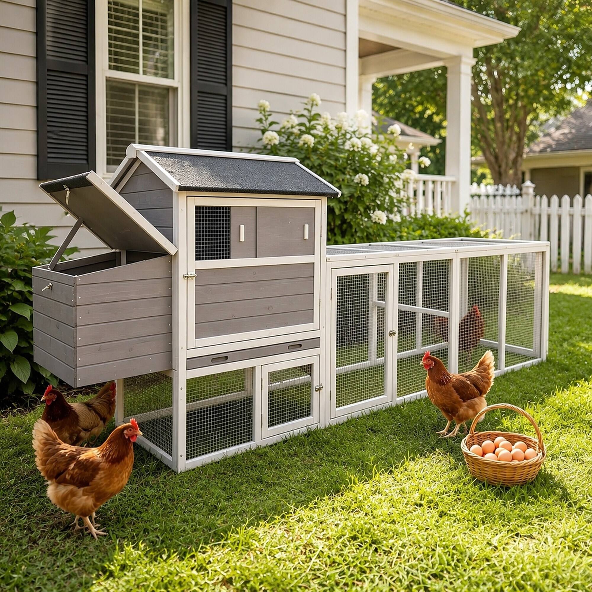 Back. RYHNUYNE - Gray Wooden Chicken Coop, Large Outdoor Hen House, Waterproof Anti-UV Roof, Sliding Door, Nesting Box.