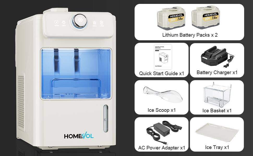 HOMEVOL 20 7.8Ah CLEAR LIGHT SMALL LANOE Lithium Battery Packs x 2  
INSTRUCTION MANUAL  
Quick Start Guide x1  
Battery Charger x1  
Ice Scoop x1  
Ice Basket x1  
HOMEVOL AC Power Adapter x1  
Ice Tray x1