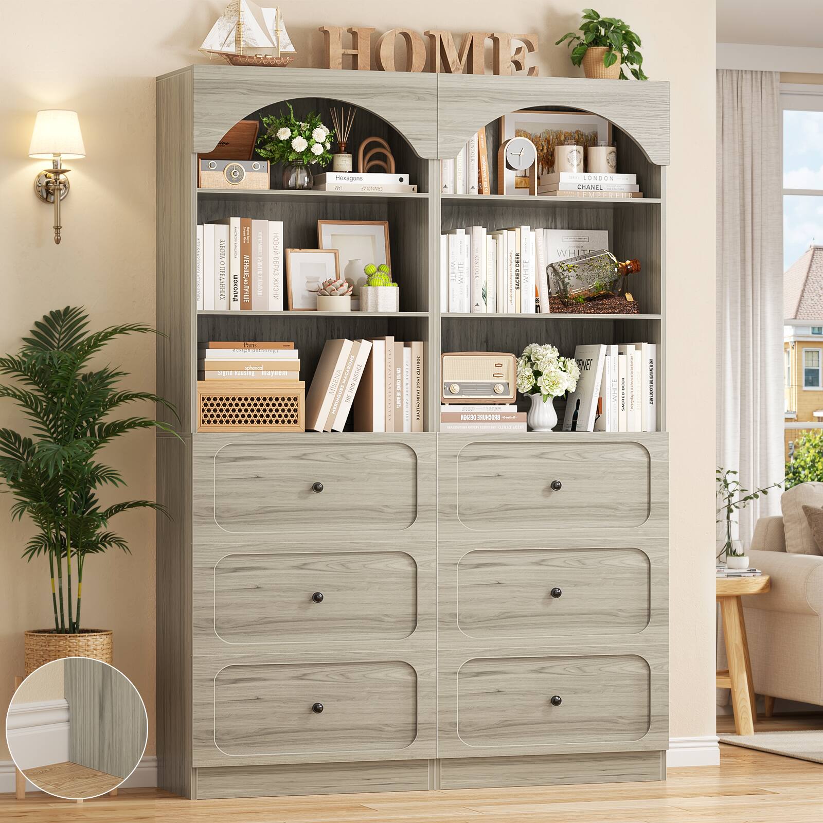 Aheaplus - 80" 2-Piece Arched Wooden Pantry Bookshelf Set - 6 Drawers & 6-Tier Shelves, Seamless Wall Fit for Living Room/Kitchen - Beige