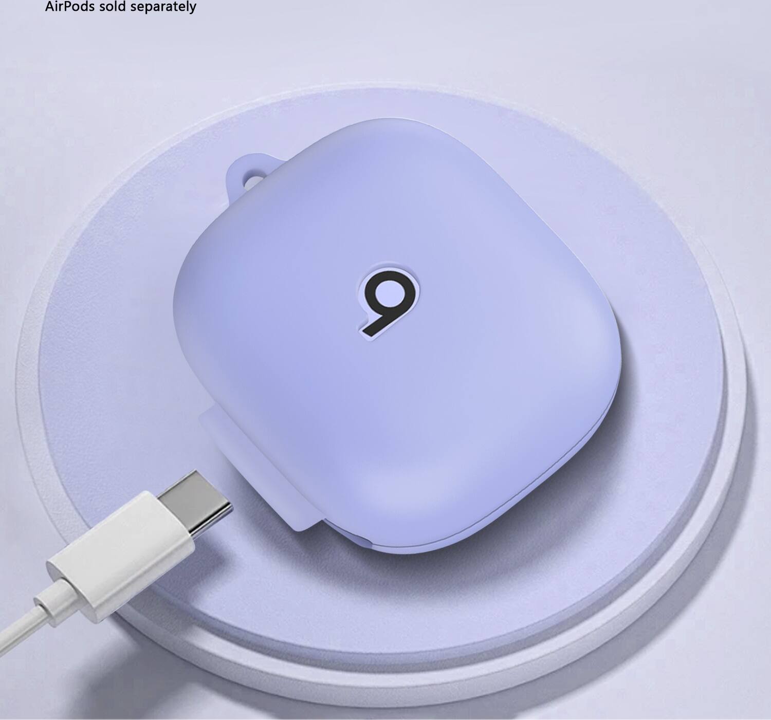 AirPods are sold separately. The image shows a blue AirPod with a cord plugged into a white circle. The AirPod has a number 9 on it, indicating it is the ninth generation of the product.