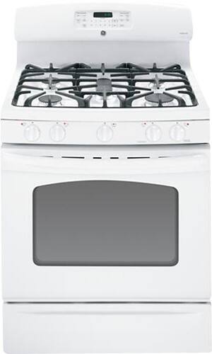 Front Standard. GE - 30" Self-Cleaning Freestanding Gas Convection Range - White-on-White.