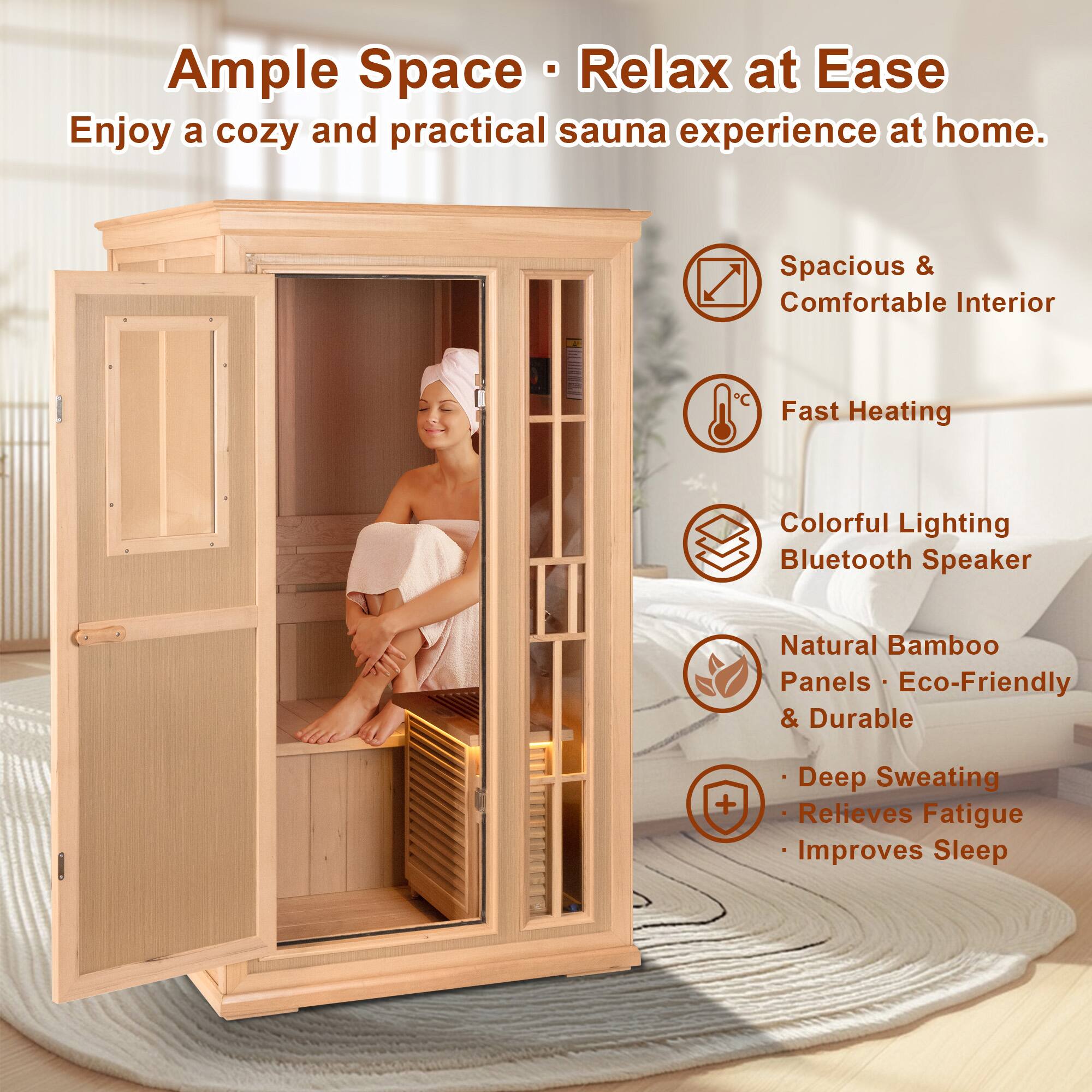 Ample Space • Relax at Ease  
Enjoy a cozy and practical sauna experience at home.

- Spacious & Comfortable Interior
- Fast Heating
- Colorful Lighting
- Bluetooth Speaker
- Natural Bamboo Panels • Eco-Friendly & Durable
- Deep Sweating
- Relieves Fatigue
- Improves Sleep