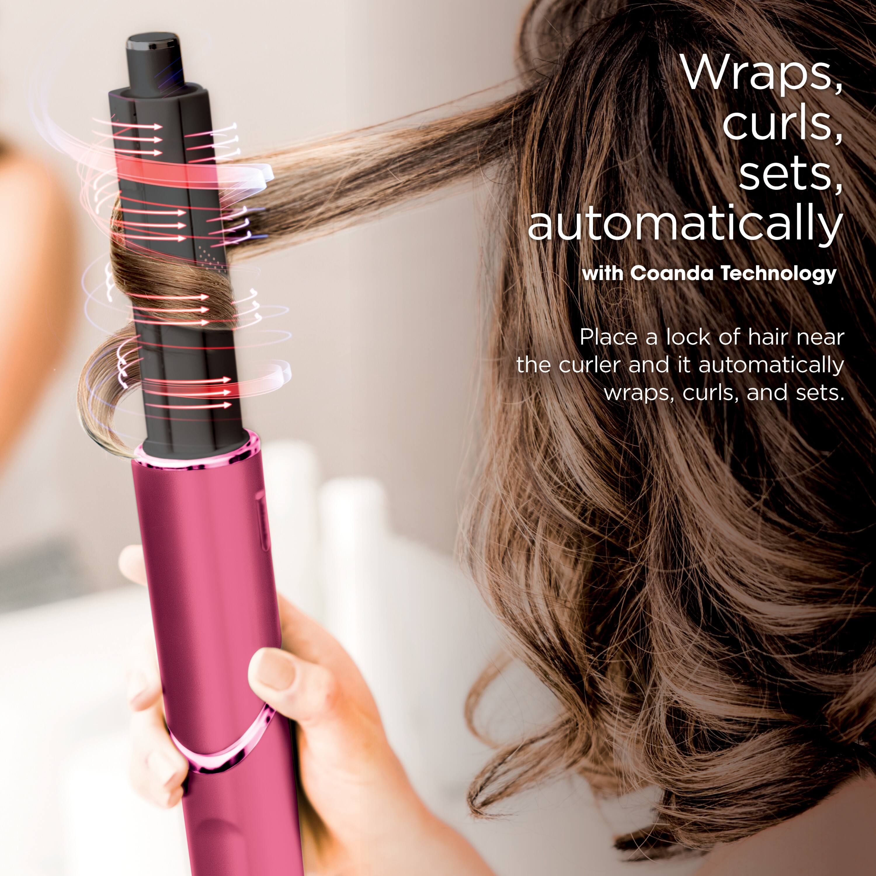 Wraps, curls, sets, automatically with Coanda Technology. Place a lock of hair near the curler and it automatically wraps, curls, and sets.