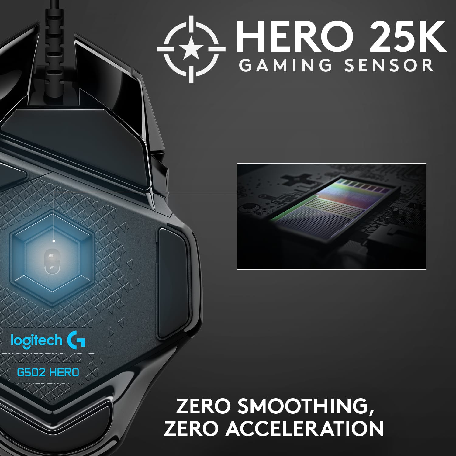 HERO 25K GAMING SENSOR logitech G502 HERO Zero Smoothing, Zero Acceleration