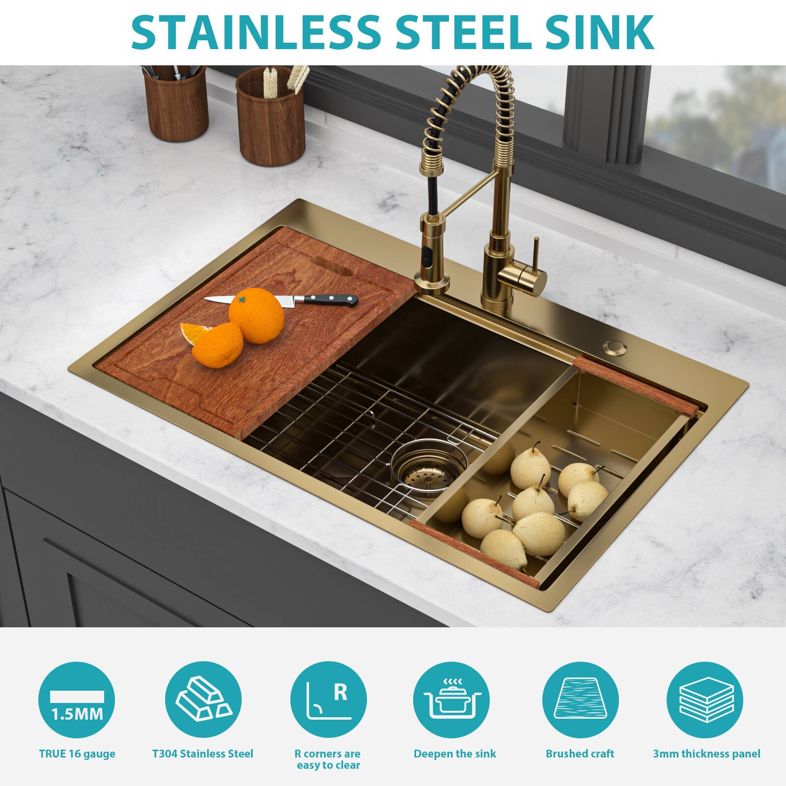 STAINLESS STEEL SINK

1.5MM  
TRUE 16 gauge

T304 Stainless Steel

R corners are easy to clear

Deepen the sink

Brushed craft

3mm thickness panel