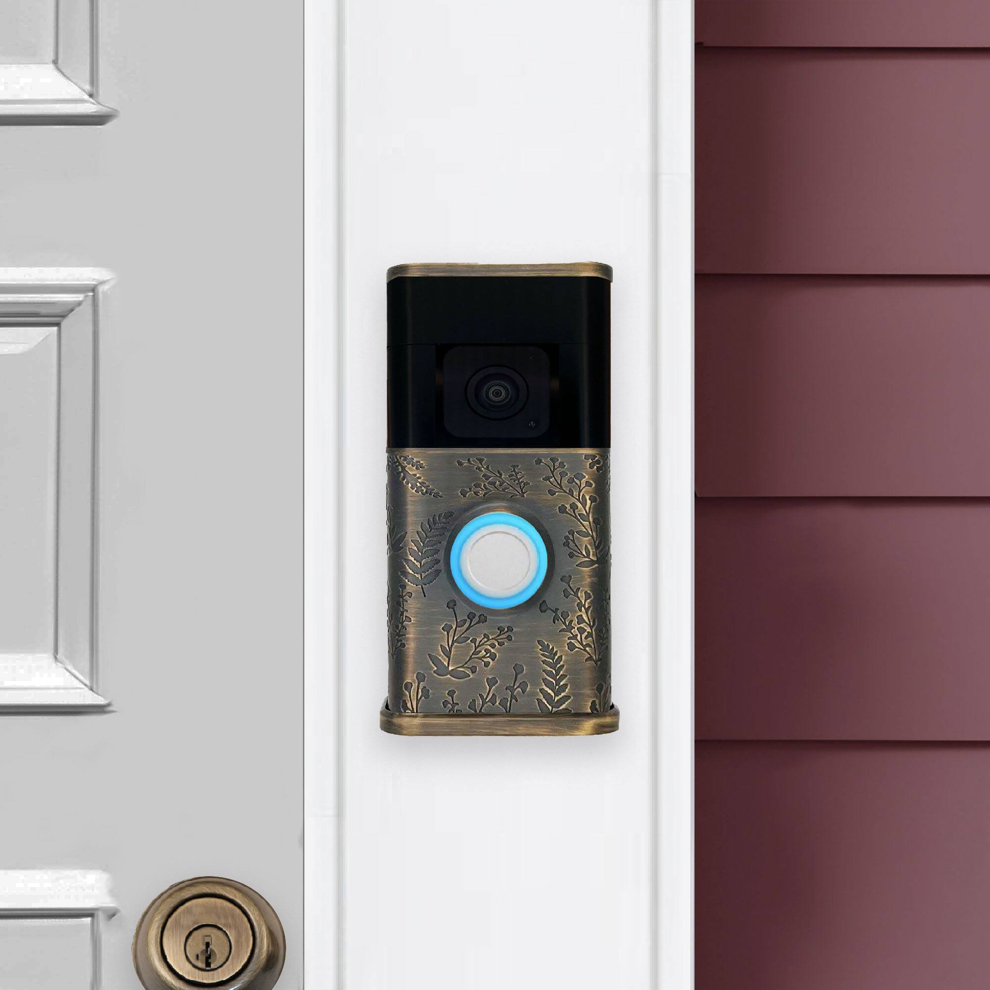 Alt View 3. Michael Healy - Wildflower Video Doorbell Cover (Ring 3, 3 Plus, 4, Battery Plus, Battery Pro) - Antique Brass.