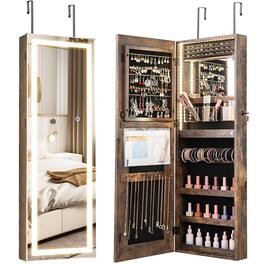 Gymax - LED Mirror Jewelry Cabinet Wall/Door Mounted Organizer Armoire w/ 3 Color Light - Brown