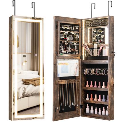 Front. Gymax - Gymax LED Mirror Jewelry Cabinet Wall/Door Mounted Organizer Armoire w/ 3 Color Light - Brown.