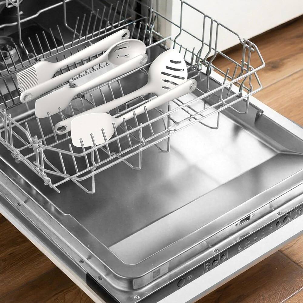 Front. RTMB - Silicone Kitchen Utensils Set: Spatula, Spoon, Whisk, Tongs, Silicone - Cream White.