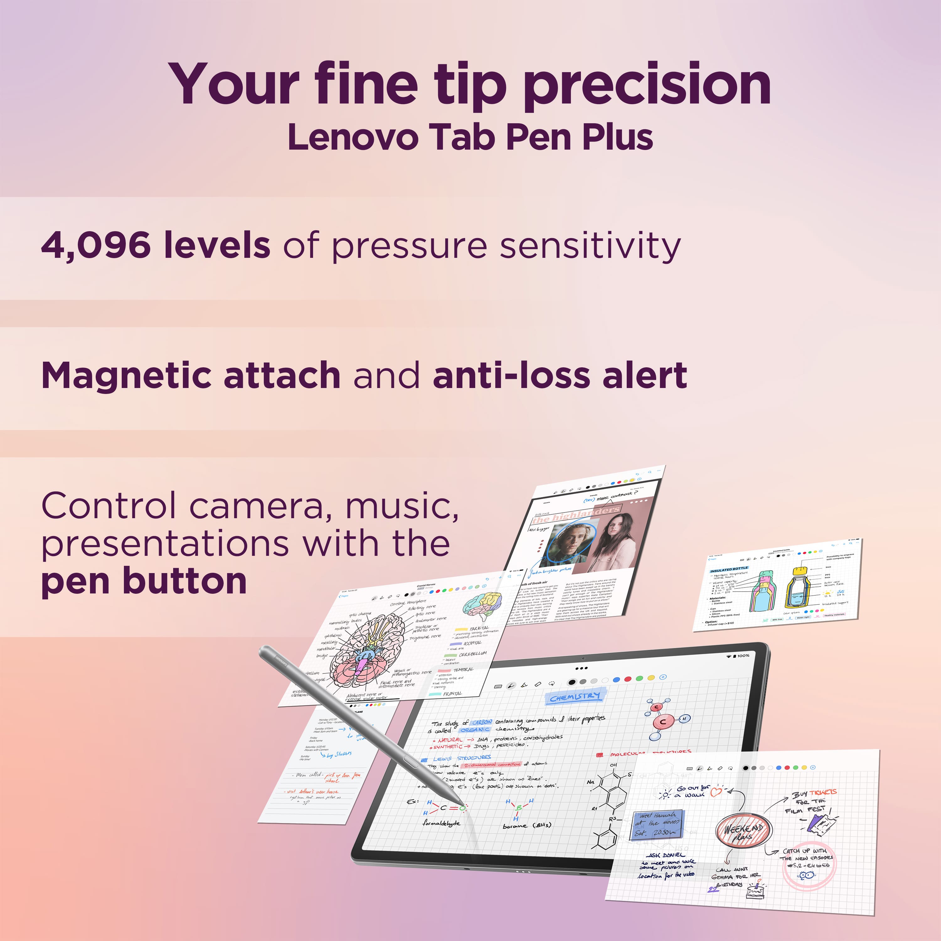 Your fine tip precision Lenovo Tab Pen Plus offers 4,096 levels of pressure sensitivity, making it ideal for drawing and writing on the tablet. The magnetic attach feature ensures that the pen stays securely attached to the tablet, while the anti-loss alert helps prevent the pen from being misplaced. The pen button allows for easy control of camera, music, and presentations, making it a versatile and convenient tool for various tasks.